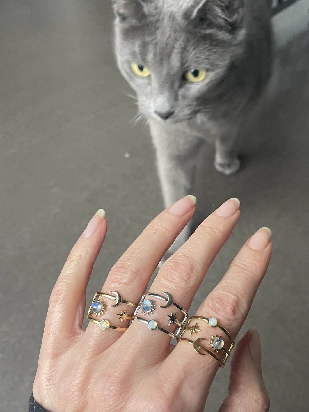 Himmlischer Ring mit Sonne Mond und Sterne/Mondstein Ring Gold/Opal Astrologie schmuck/Himmelskörper ring/Geschenk fĂŒr sie