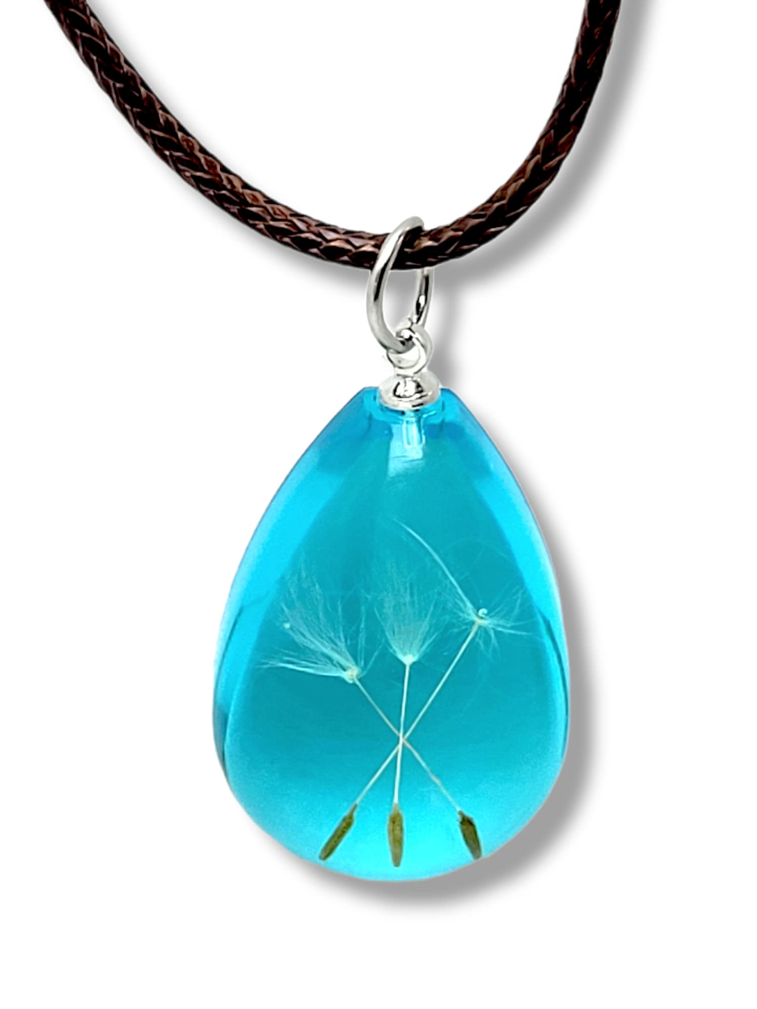 „Wunschblume“ Halskette für Damen | Echte Pusteblume Samen in Kunstharz Anhänger (Tropfenform) | Boho Schmuck mit gewachster Baumwollkordel | Geschenkidee mit Bedeutung (Himmelblau)