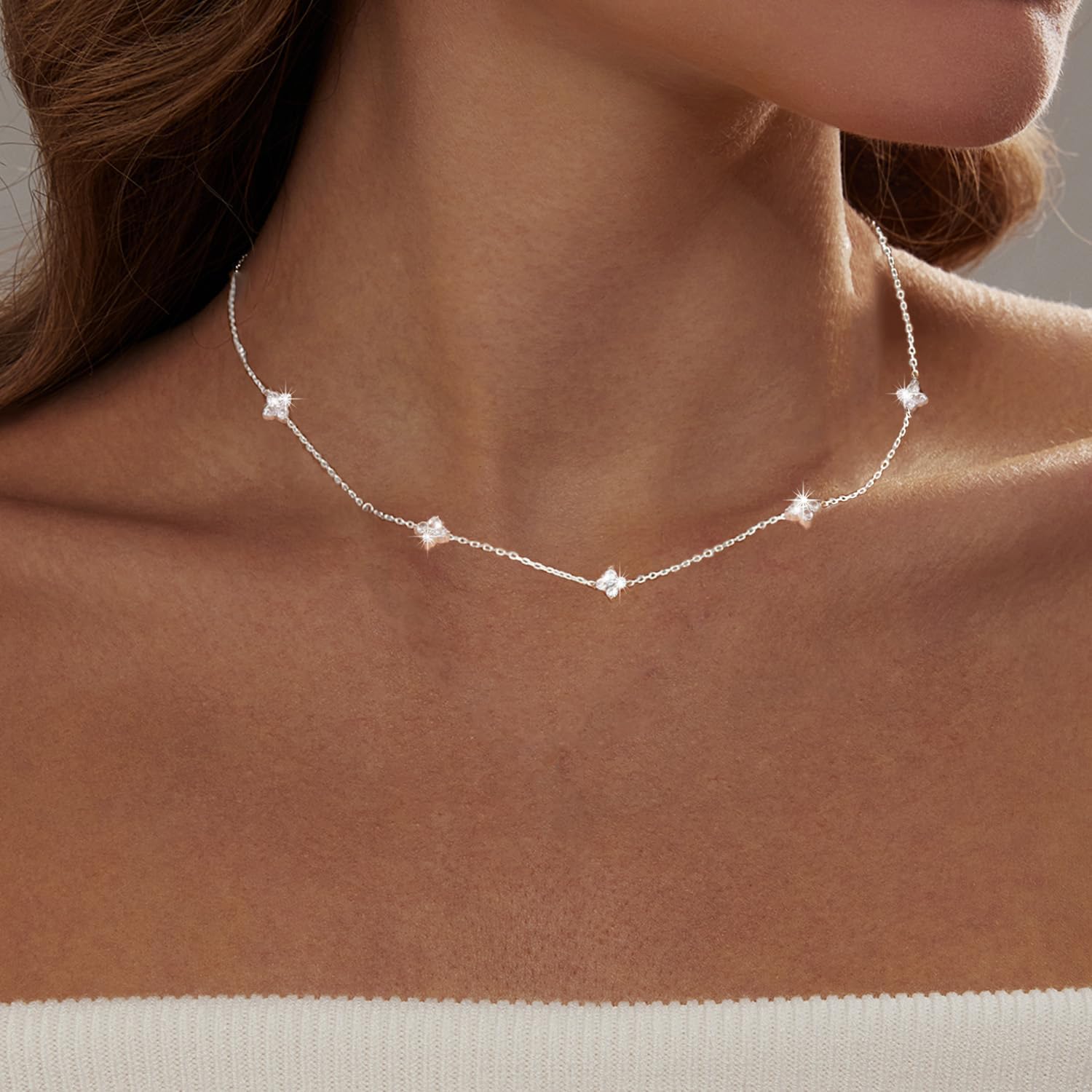 Aidenn Halskette Damen Gold mit Cubic Zirkonia Blumen 925 Silber Kette für Mädchen,Goldene/Silver Stapelbare Halskette Handmade Schmuck Geschenk