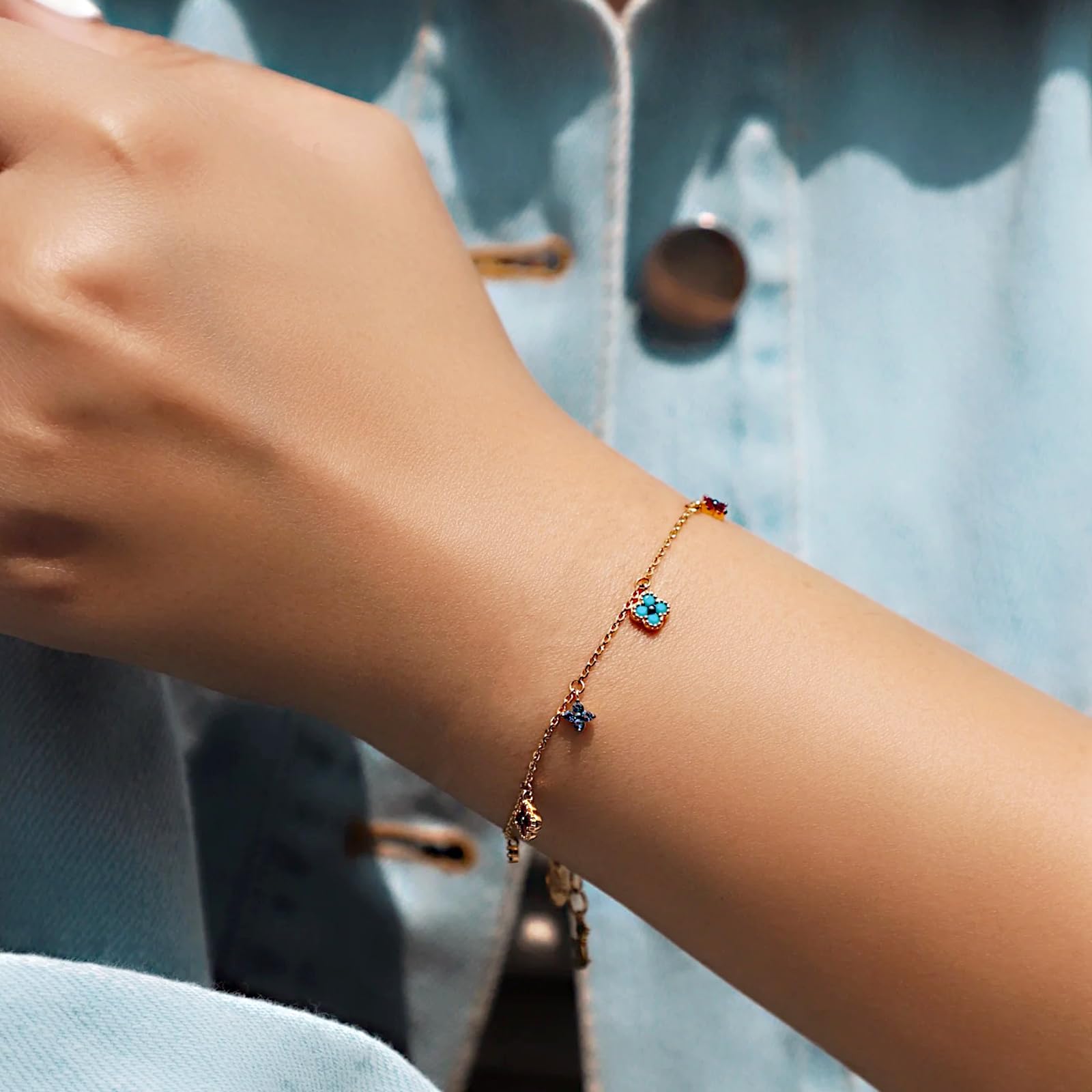 Hanaoops Kleeblatt Armband Damen 18K Vergoldeter Cubic Zirkonia Blumen Glücksarmband Stapelbare Armbander Handmade Schmuck Geschenk