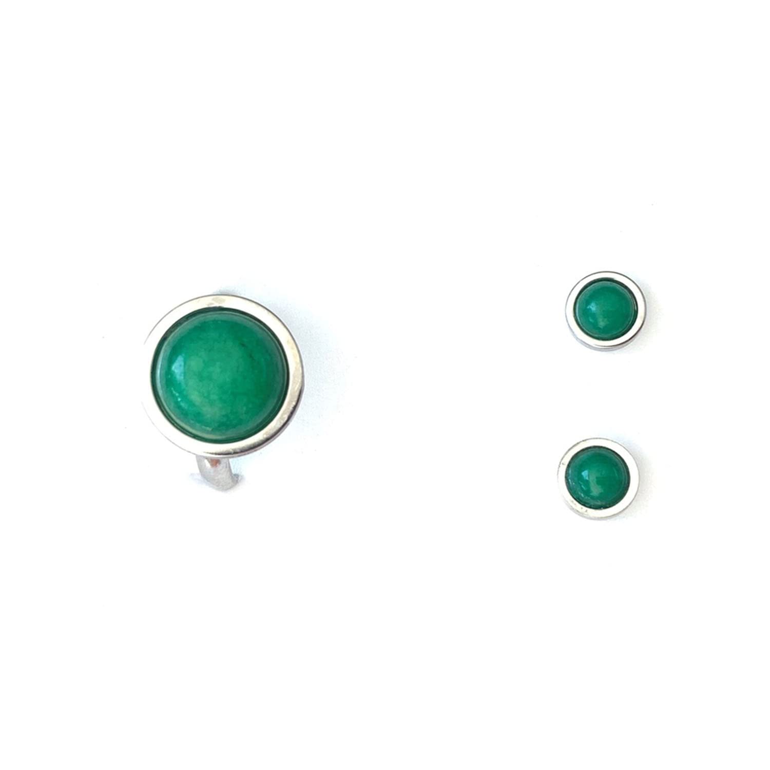 Ring- und Ohrring-Set mit Natursteinen - Passender Silber-Edelstahl-Ring und Ohrringe - Frauenring-Schutzamulett - Perfekt zum Verschenken (Jade Grün)