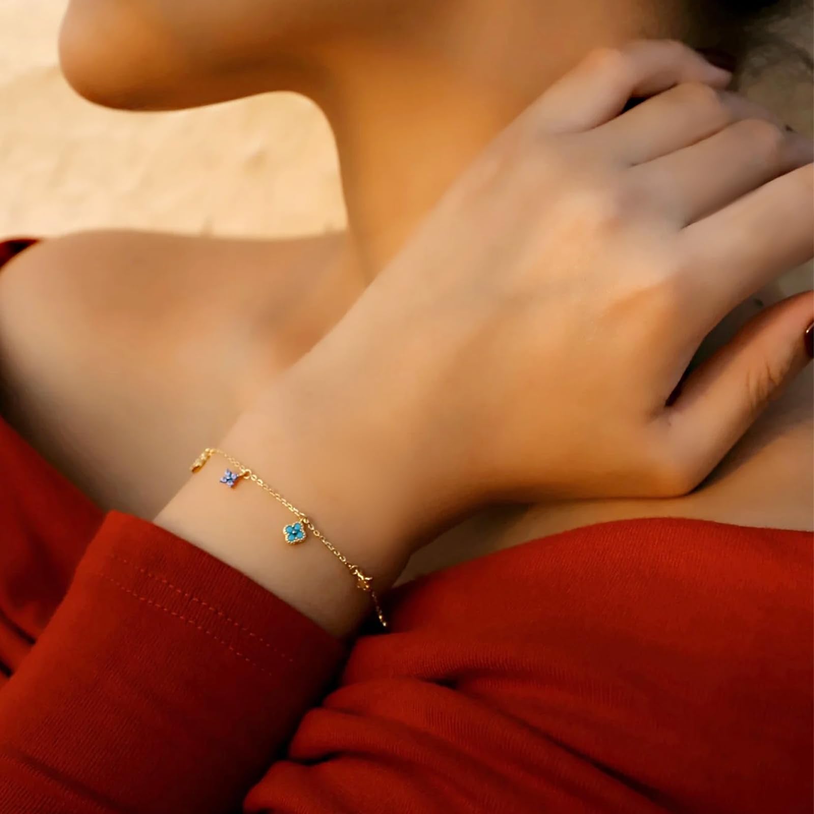 Hanaoops Kleeblatt Armband Damen 18K Vergoldeter Cubic Zirkonia Blumen Glücksarmband Stapelbare Armbander Handmade Schmuck Geschenk