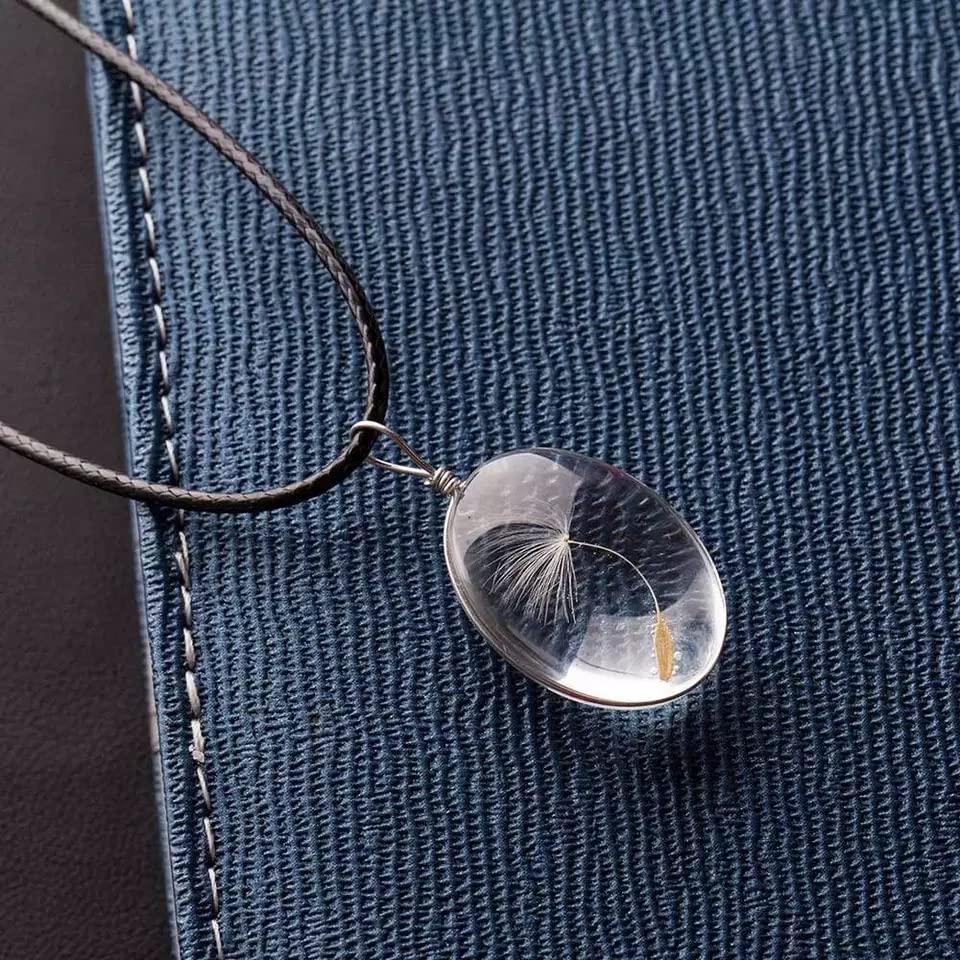 Damen Halskette echte Pusteblume Gießharz mit Lederbandkette, Halskette mit Anhänger Löwenzahn