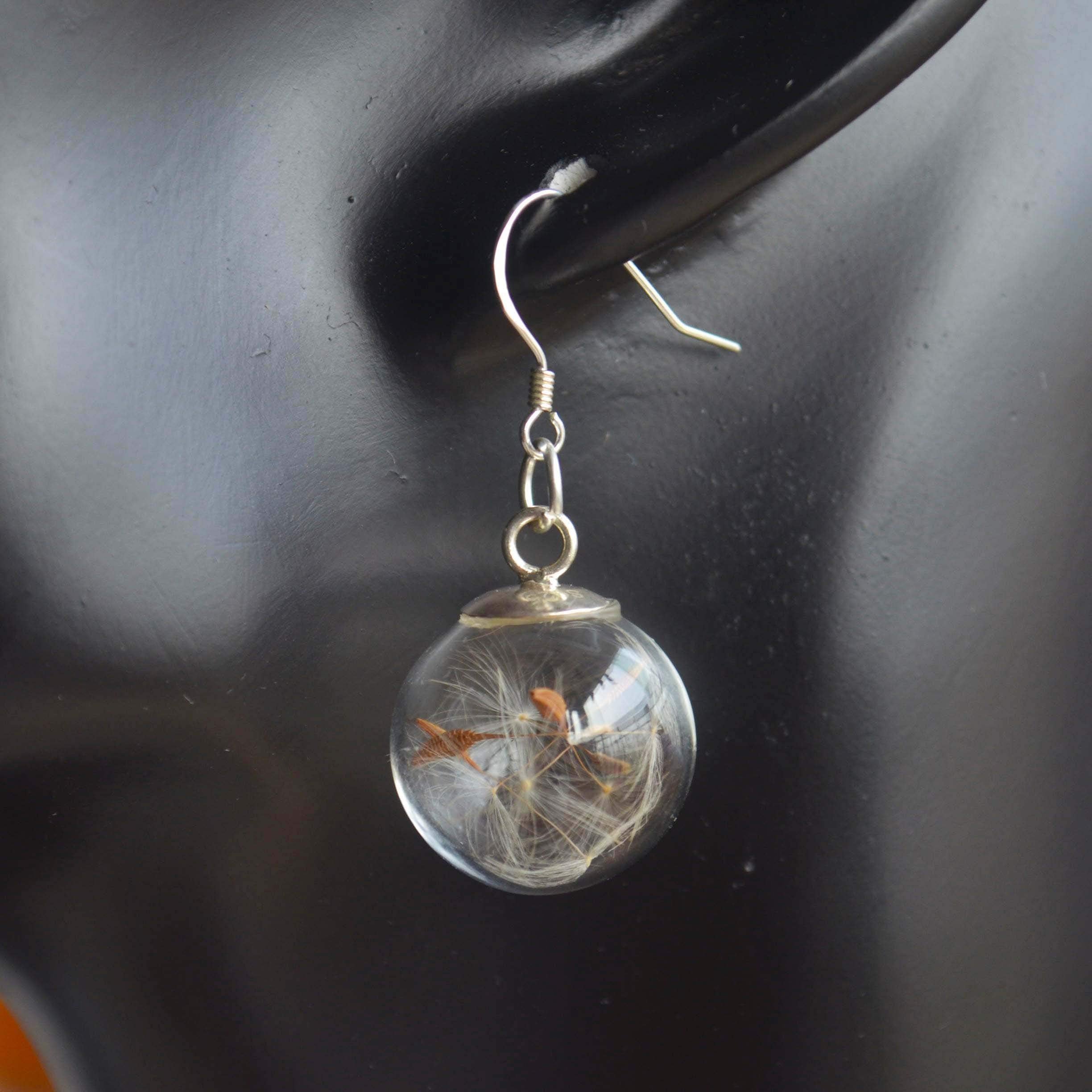 Löwenzahn Ohrringe Echte Blume Pusteblume Machen Einen Wunsch Glas Kugel 925 Sterling Silber Ohrhänger Damen Handmade