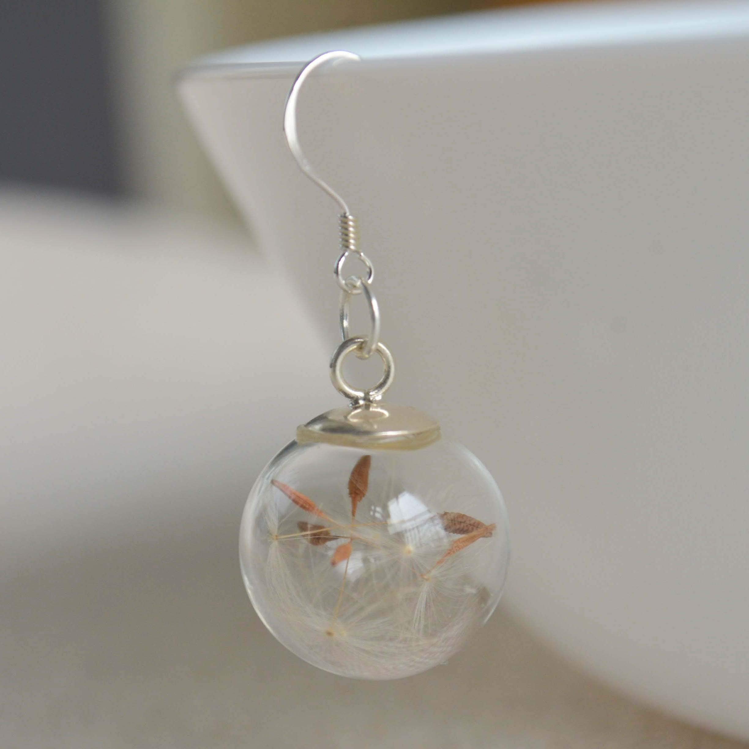 Löwenzahn Ohrringe Echte Blume Pusteblume Machen Einen Wunsch Glas Kugel 925 Sterling Silber Ohrhänger Damen Handmade
