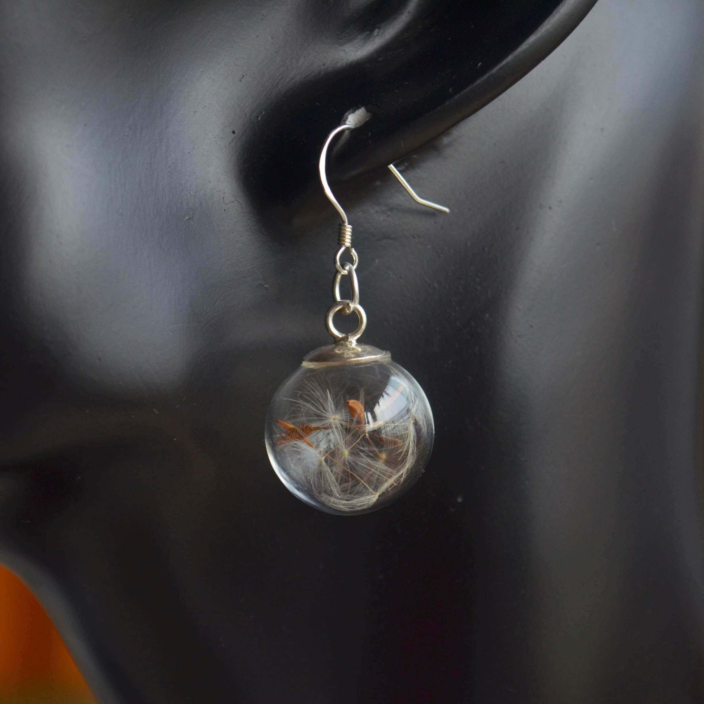 Löwenzahn Ohrringe Echte Blume Pusteblume Machen Einen Wunsch Glas Kugel 925 Sterling Silber Ohrhänger Damen Handmade