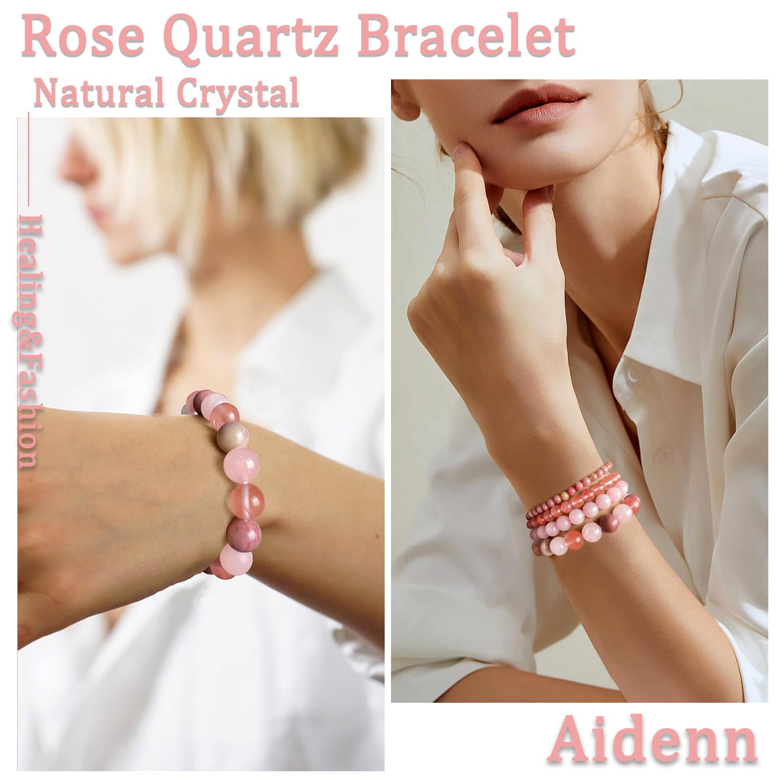 Aidenn Rosenquarz Armband Damen Naturstein Edelstein Perlenarmband Damen Rhodonit Armband Heilsteine Armband Anti Stress Perlen armbander set,Handmade Schmuck Geschenk