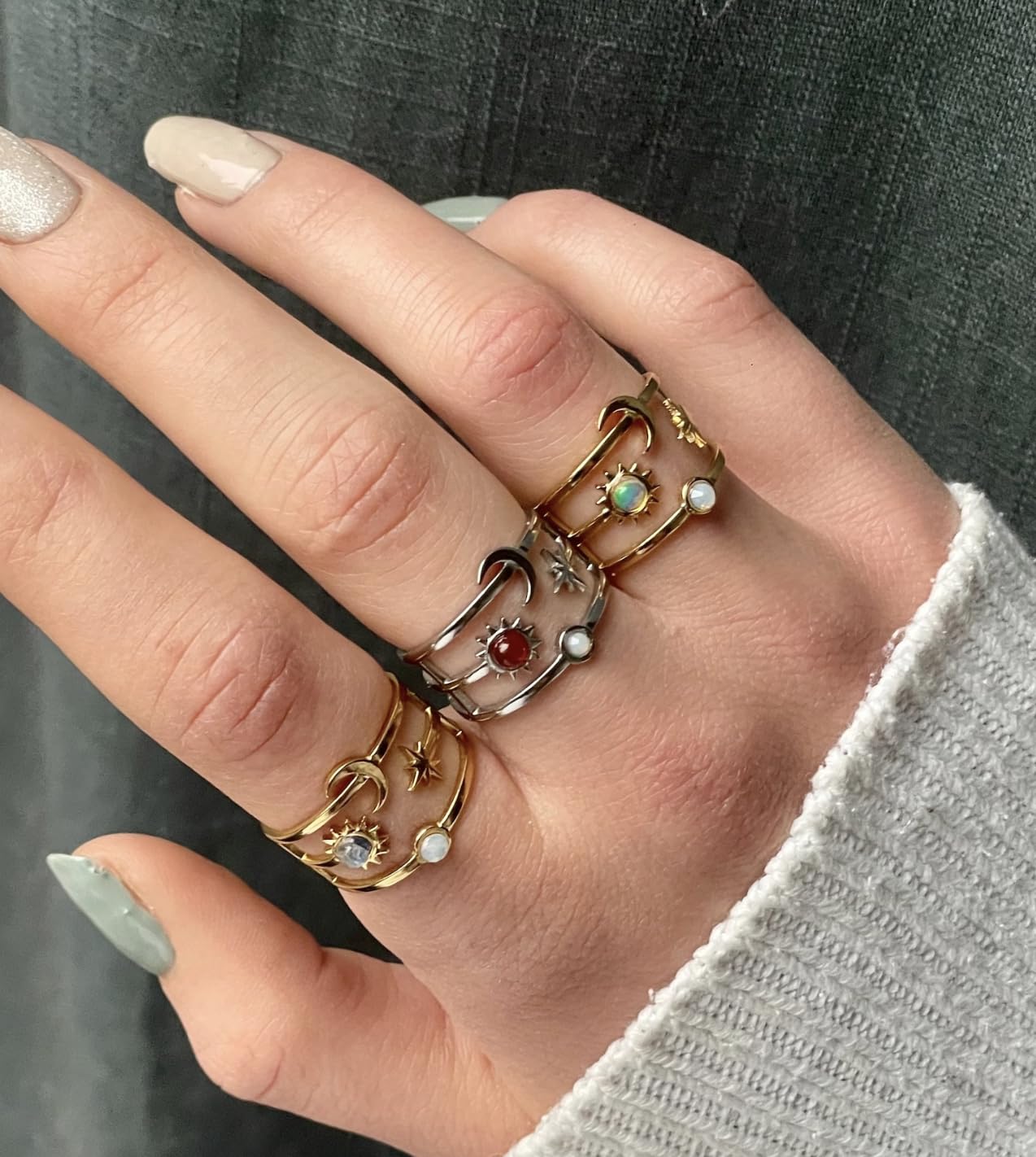 Himmlischer Ring mit Sonne Mond und Sterne/Mondstein Ring Gold/Opal Astrologie schmuck/Himmelskörper ring/Geschenk für sie