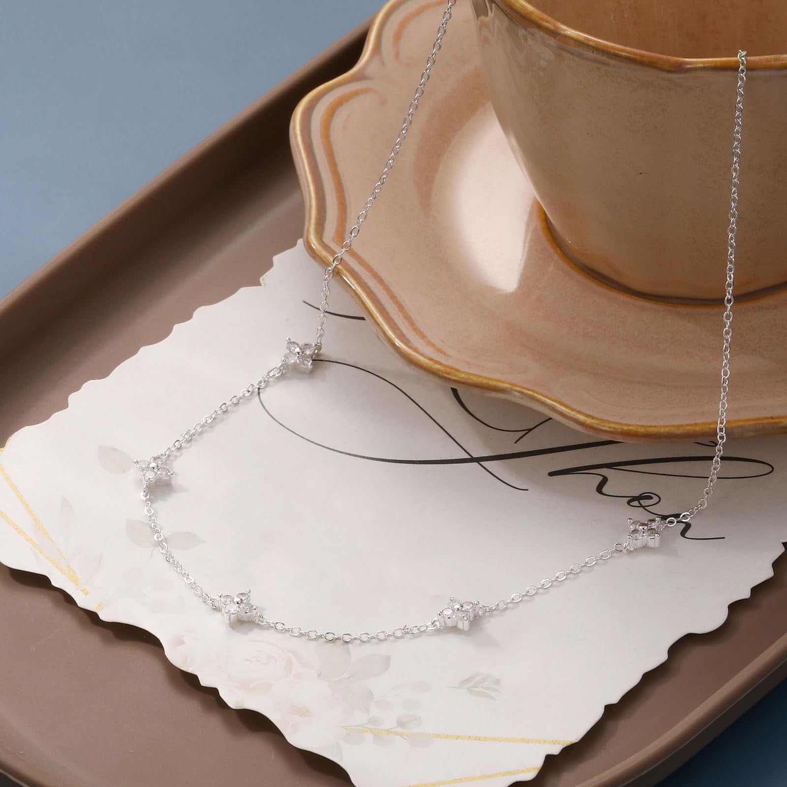 Aidenn Halskette Damen Gold mit Cubic Zirkonia Blumen 925 Silber Kette für Mädchen,Goldene/Silver Stapelbare Halskette Handmade Schmuck Geschenk