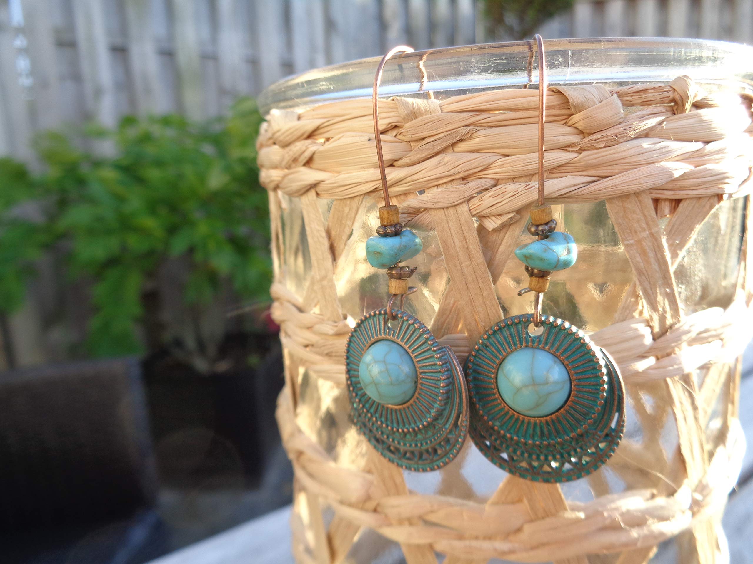 ✿ BLAUE PATINA KUPFER TRIBAL HOWLITE STEIN CABOCHON SCHEIBE AN LANGEN KIDNEY HAKEN ✿ wunderbare Ethno Ohrringe, türkise Ohrringe