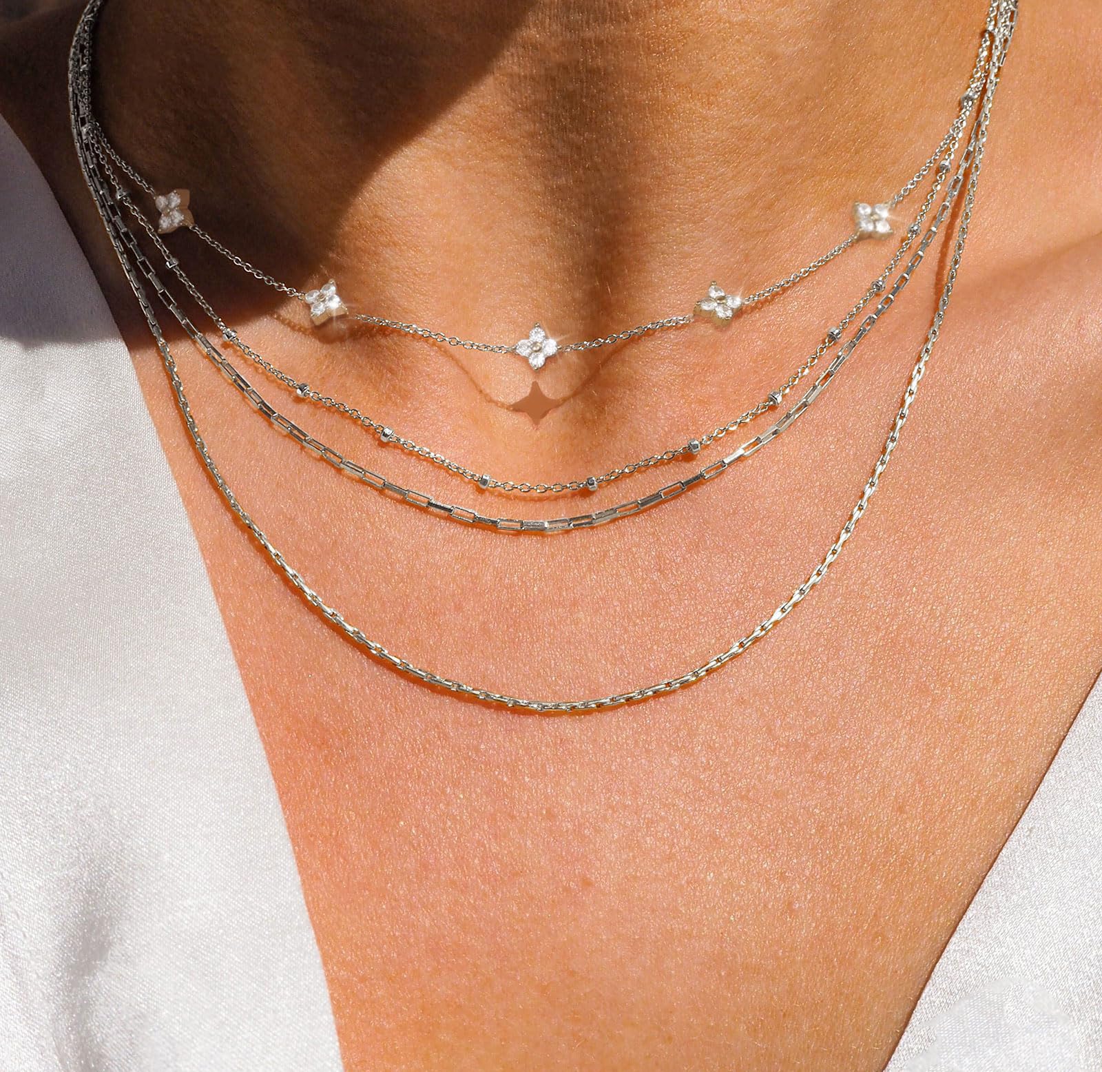 Aidenn Halskette Damen Gold mit Cubic Zirkonia Blumen 925 Silber Kette für Mädchen,Goldene/Silver Stapelbare Halskette Handmade Schmuck Geschenk