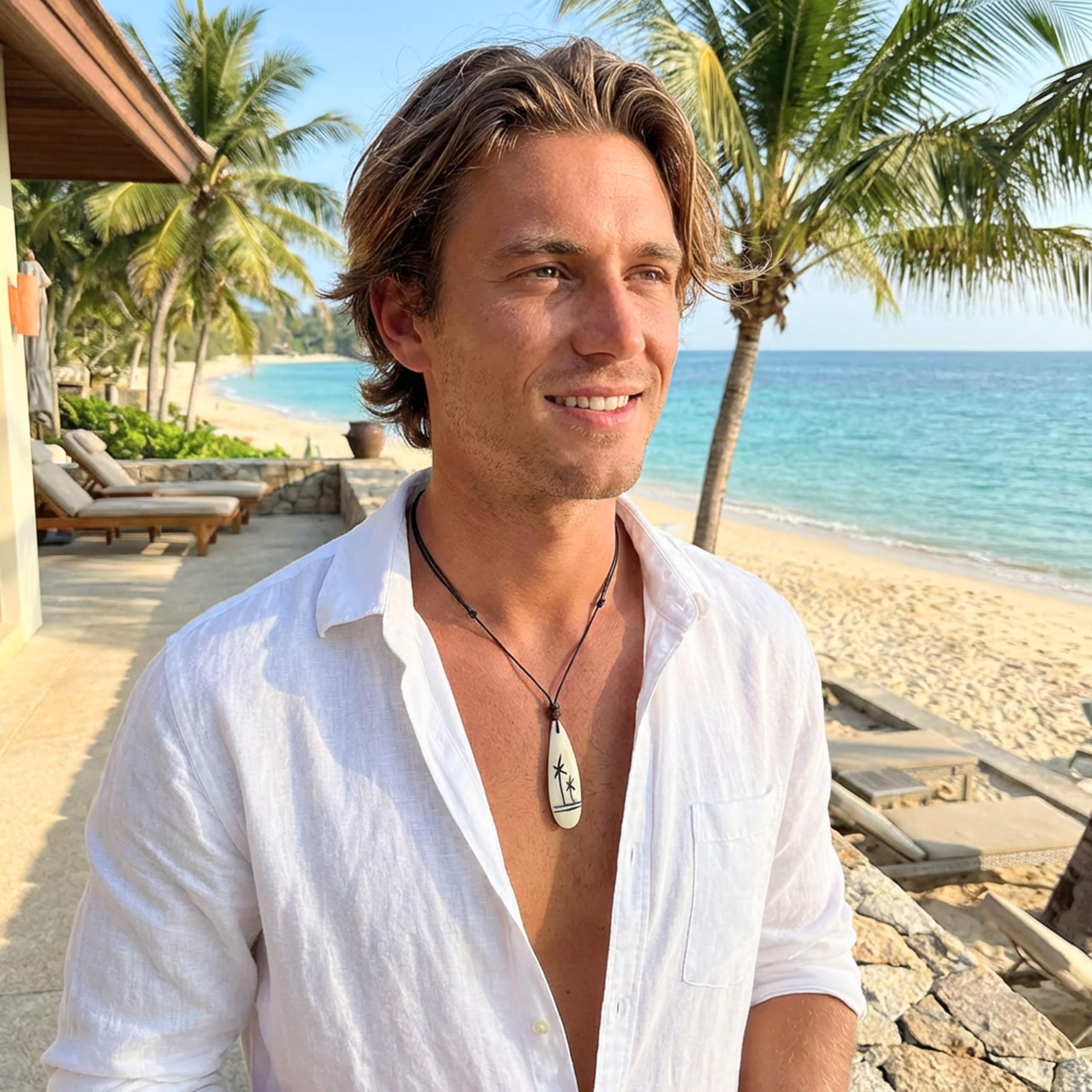 Made by Nami Surfer Halskette mit Anhänger & Kokosnuss Perle - Herren Surfer-Kette Verstellbar mit Holz-Perle - Handmade Strand-Schmuck - Wasserfest - Sommer-Schmuck Männer Halsschmuck (Surfbrett)